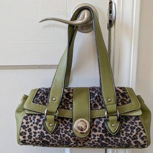 Leopard Faux Fur and Green Leather Trim Satchel